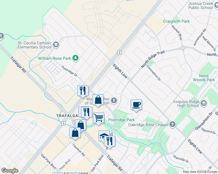 map of restaurants, bars, coffee shops, grocery stores, and more near 473 English Rose Lane in Oakville