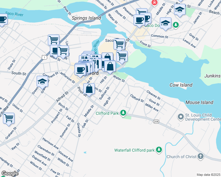 map of restaurants, bars, coffee shops, grocery stores, and more near 39 Sullivan Street in Biddeford