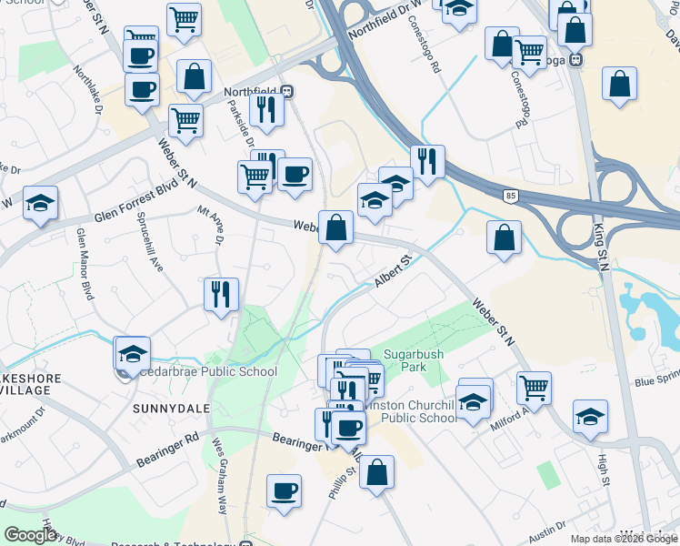 map of restaurants, bars, coffee shops, grocery stores, and more near 647 Albert Street in Waterloo