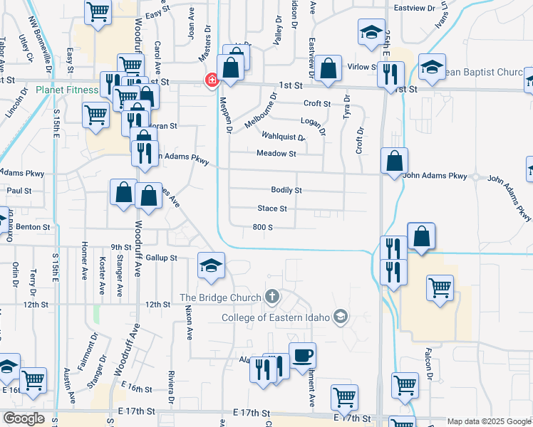 map of restaurants, bars, coffee shops, grocery stores, and more near 2140 Stace Street in Idaho Falls