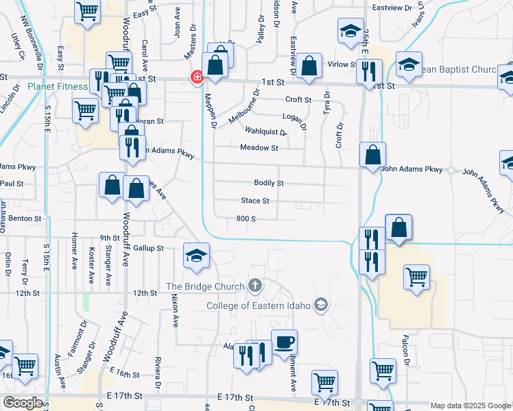 map of restaurants, bars, coffee shops, grocery stores, and more near 2140 Stace Street in Idaho Falls