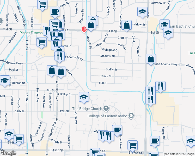 map of restaurants, bars, coffee shops, grocery stores, and more near 2070 Stace Street in Idaho Falls
