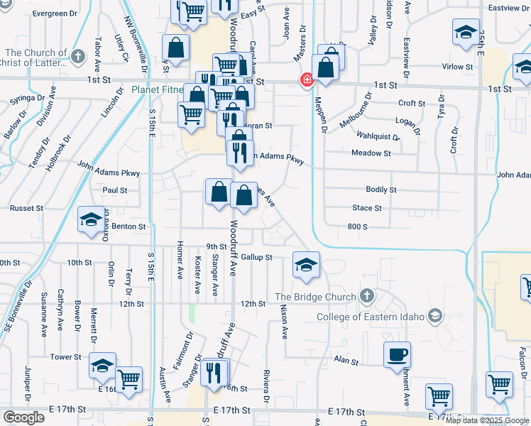 map of restaurants, bars, coffee shops, grocery stores, and more near 1885 Parkwood Street in Idaho Falls