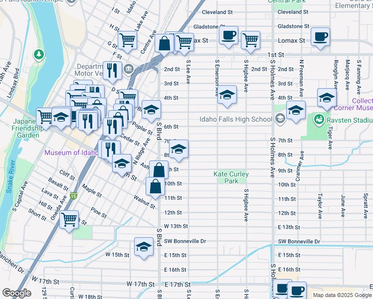 map of restaurants, bars, coffee shops, grocery stores, and more near 167 8th Street in Idaho Falls