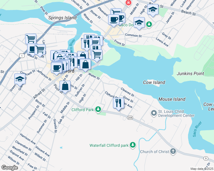 map of restaurants, bars, coffee shops, grocery stores, and more near 7 Clifford Street in Biddeford