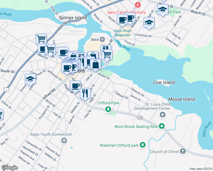 map of restaurants, bars, coffee shops, grocery stores, and more near 27 High Street in Biddeford