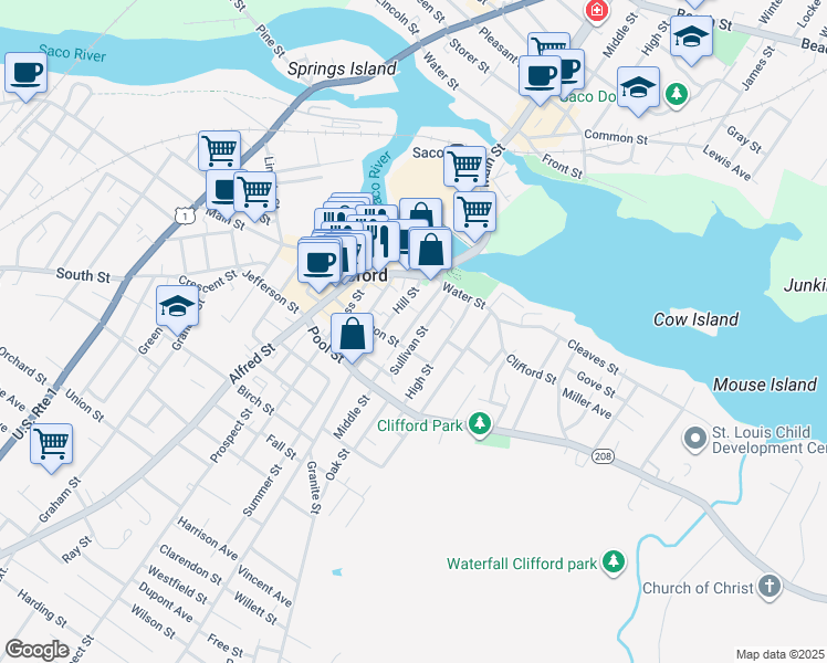 map of restaurants, bars, coffee shops, grocery stores, and more near 19 Sullivan Street in Biddeford
