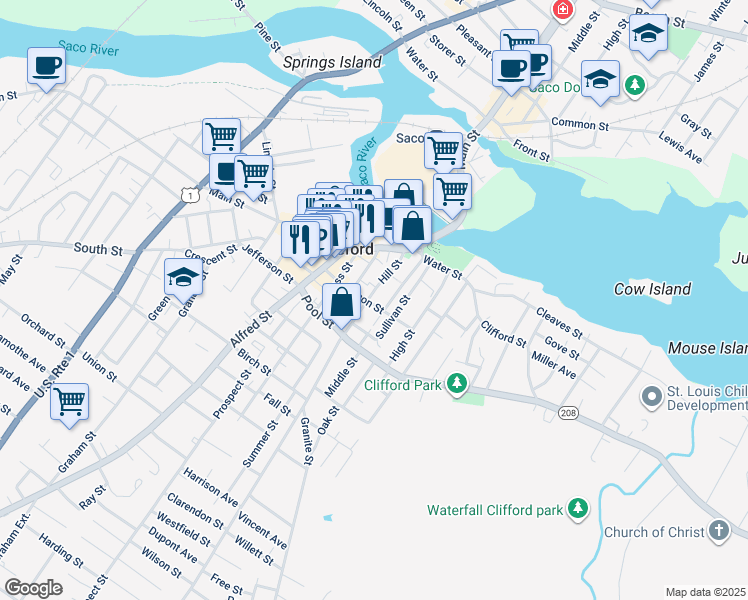map of restaurants, bars, coffee shops, grocery stores, and more near 47 Bacon Street in Biddeford