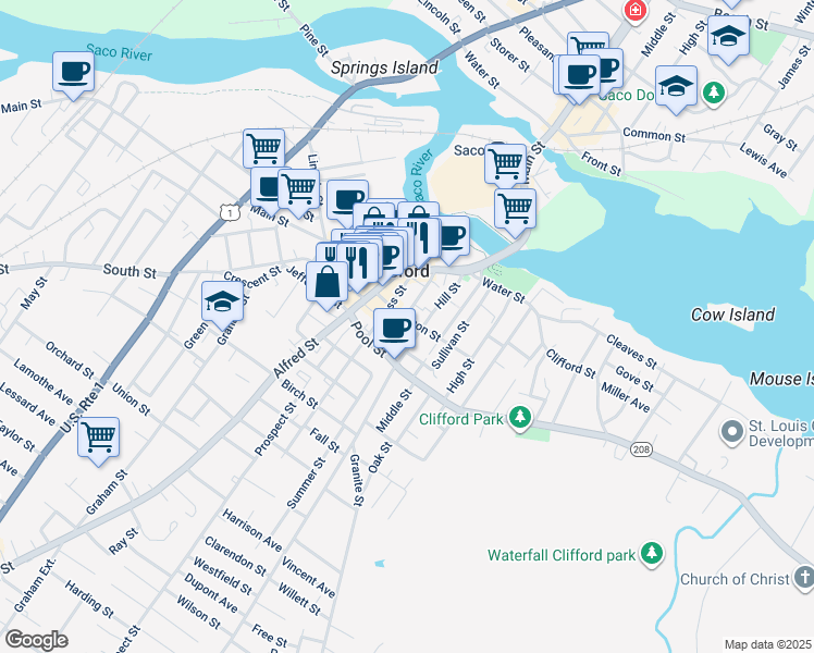 map of restaurants, bars, coffee shops, grocery stores, and more near 11 King Street in Biddeford