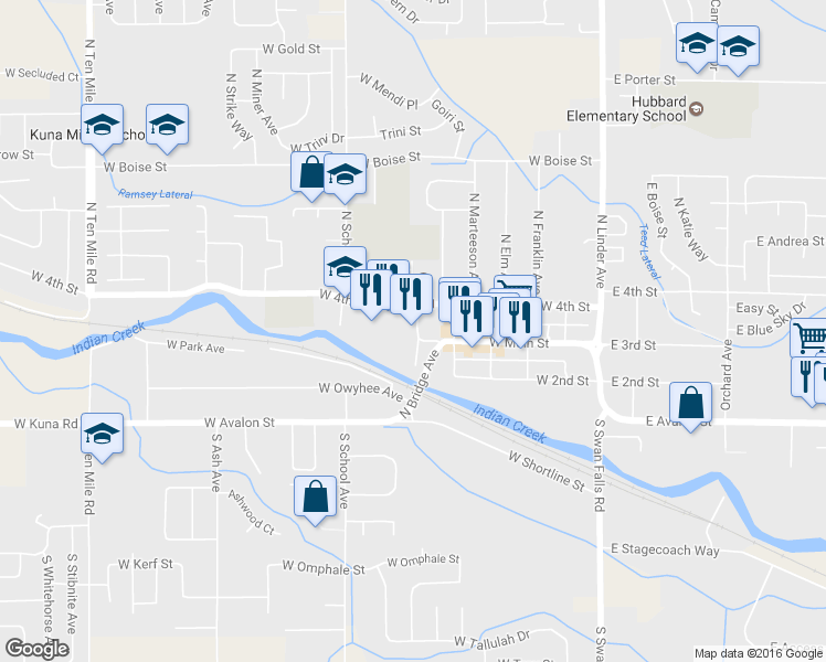 map of restaurants, bars, coffee shops, grocery stores, and more near 331 Avenue East in Kuna