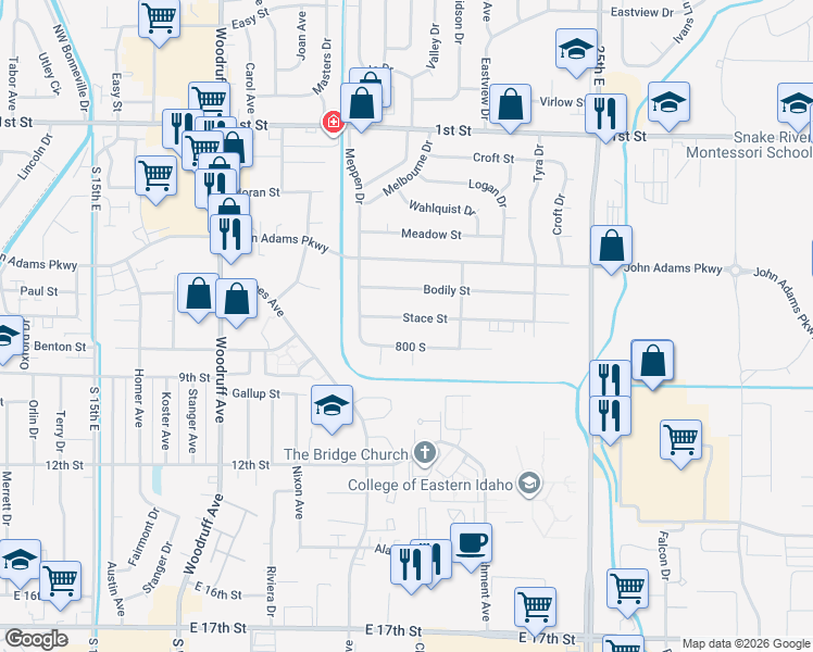 map of restaurants, bars, coffee shops, grocery stores, and more near 2140 Stace Street in Idaho Falls