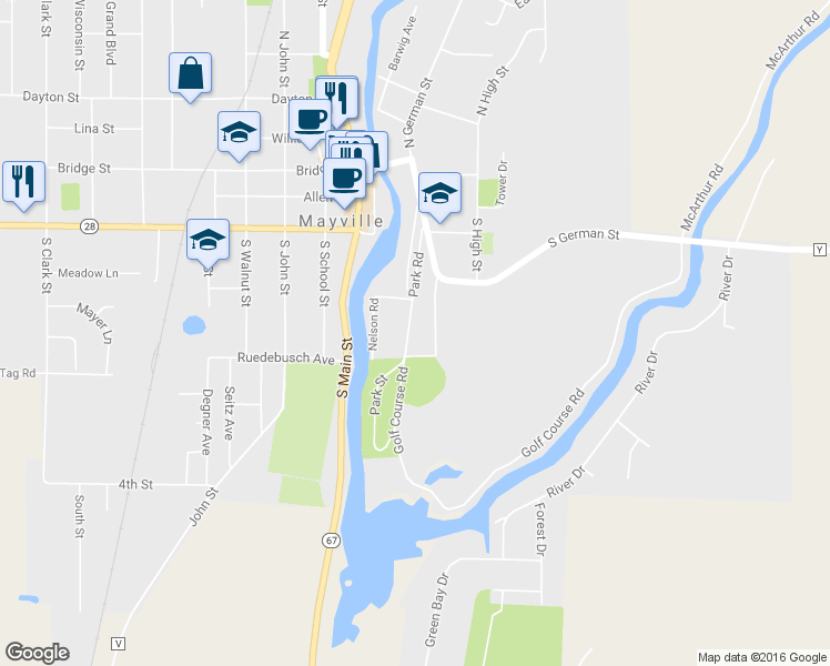 map of restaurants, bars, coffee shops, grocery stores, and more near 368 Park Road in Mayville