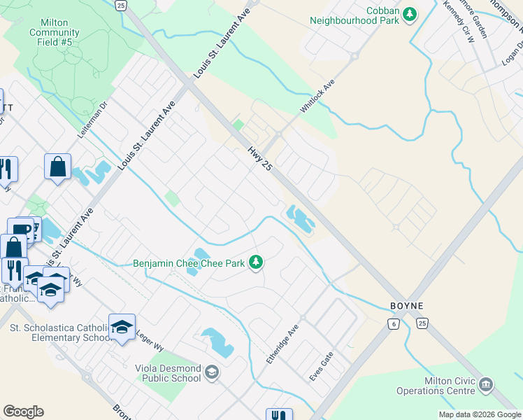 map of restaurants, bars, coffee shops, grocery stores, and more near 1335 Britton Crescent in Milton