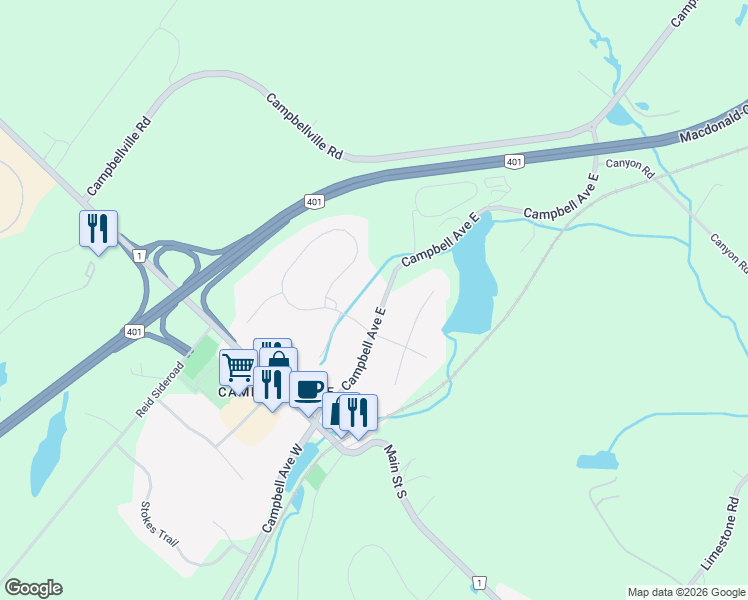 map of restaurants, bars, coffee shops, grocery stores, and more near 141 Campbell Avenue East in Milton