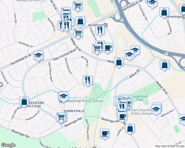 map of restaurants, bars, coffee shops, grocery stores, and more near 525 Parkside Drive in Waterloo
