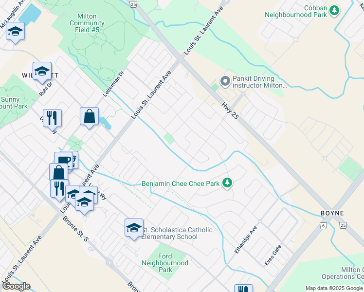 map of restaurants, bars, coffee shops, grocery stores, and more near 1309 Raspberry Terrace in Milton
