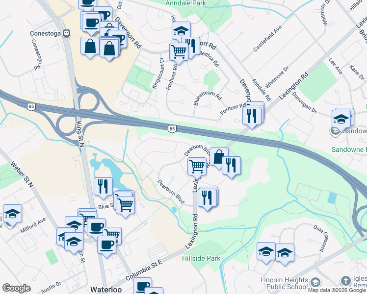 map of restaurants, bars, coffee shops, grocery stores, and more near 425 Tealby Crescent in Waterloo