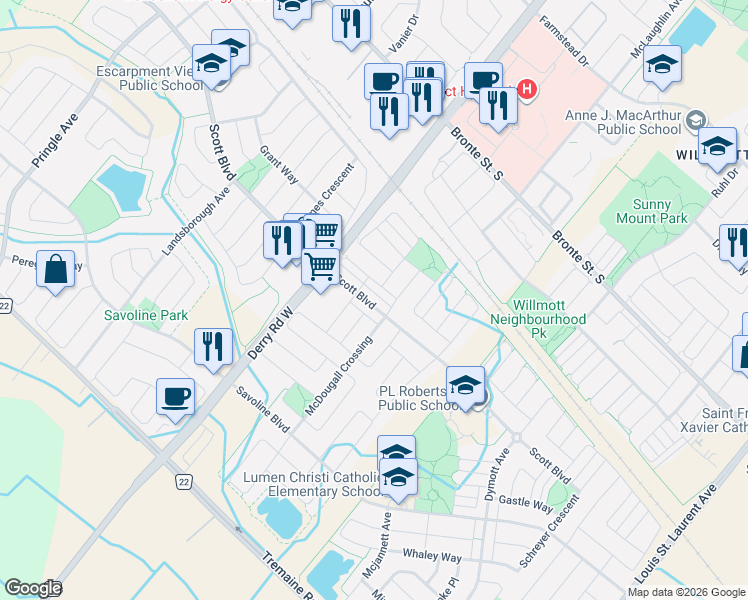 map of restaurants, bars, coffee shops, grocery stores, and more near 649 Scott Boulevard in Milton