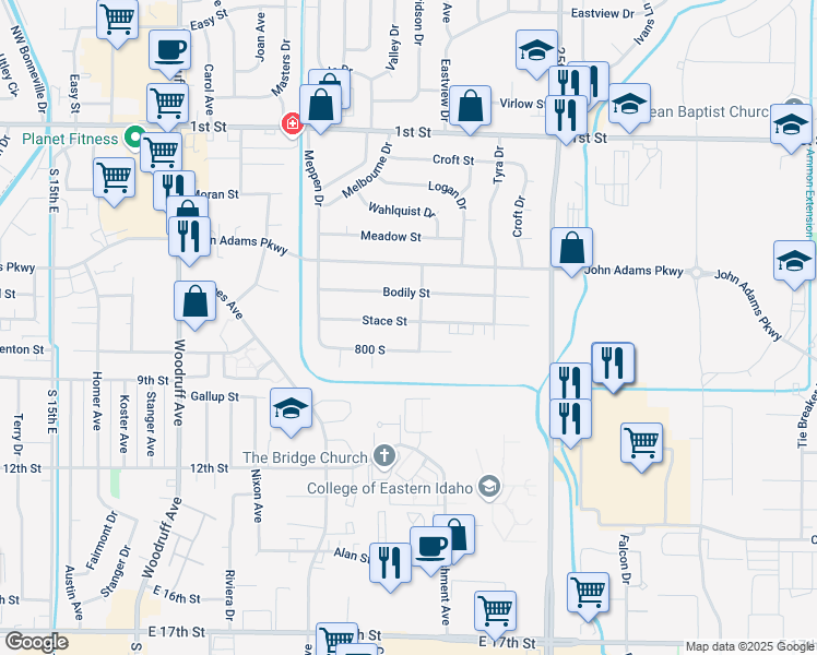 map of restaurants, bars, coffee shops, grocery stores, and more near 2220 Stace Street in Idaho Falls
