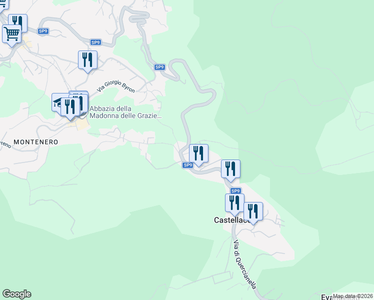 map of restaurants, bars, coffee shops, grocery stores, and more near 83 Via della Porcigliana in Castellaccio