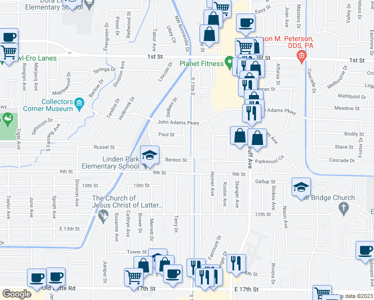 map of restaurants, bars, coffee shops, grocery stores, and more near 719 Cambridge Drive in Idaho Falls