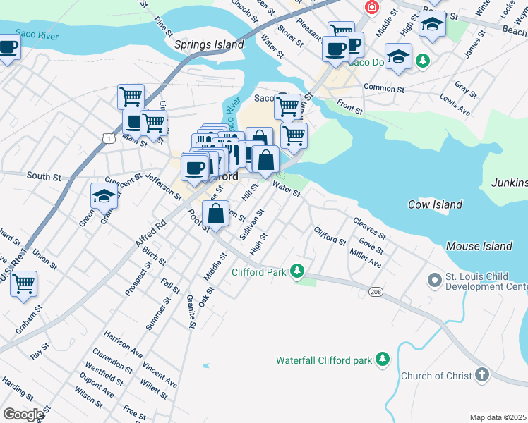 map of restaurants, bars, coffee shops, grocery stores, and more near 19 Sullivan Street in Biddeford