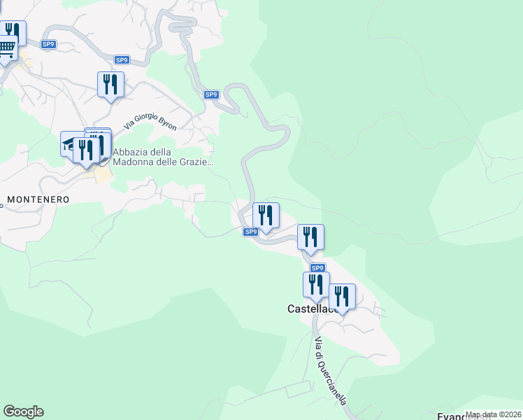 map of restaurants, bars, coffee shops, grocery stores, and more near 83 Via della Porcigliana in Castellaccio