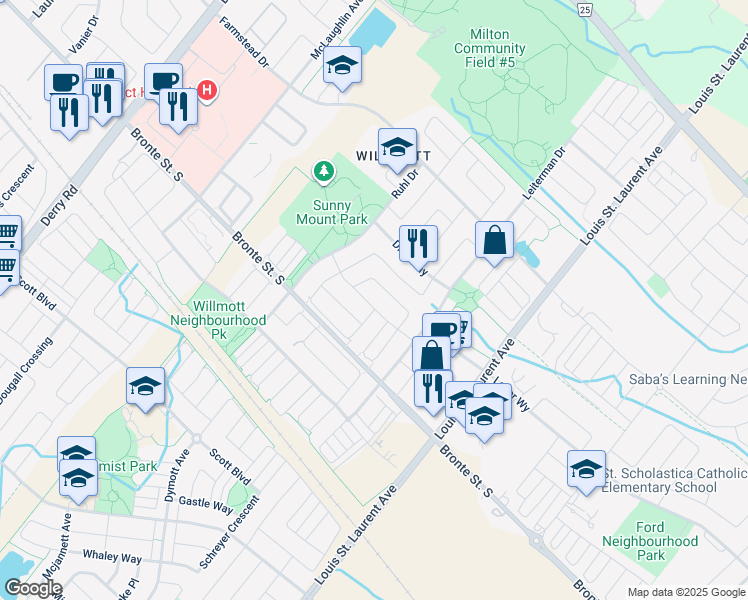 map of restaurants, bars, coffee shops, grocery stores, and more near 953 Whewell Trail in Milton