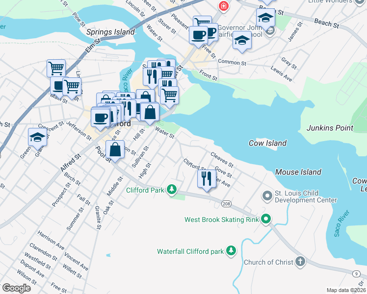 map of restaurants, bars, coffee shops, grocery stores, and more near 7 Clifford Street in Biddeford