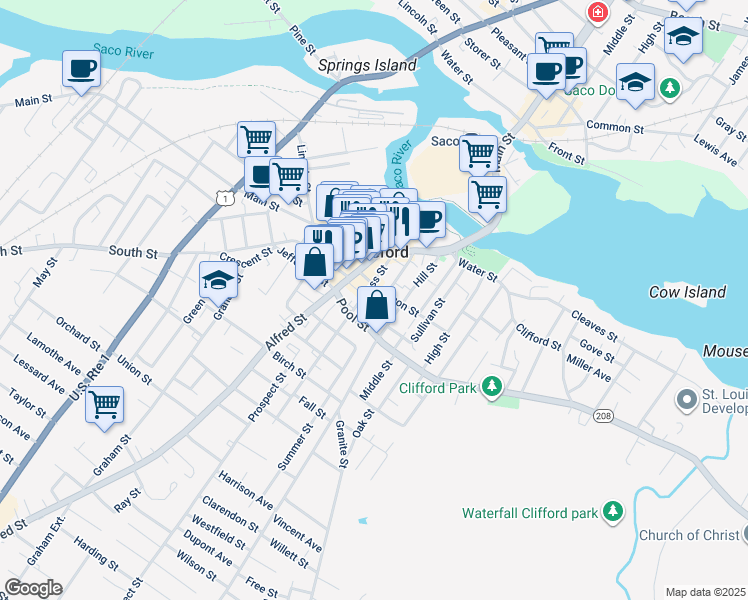 map of restaurants, bars, coffee shops, grocery stores, and more near 11 King Street in Biddeford