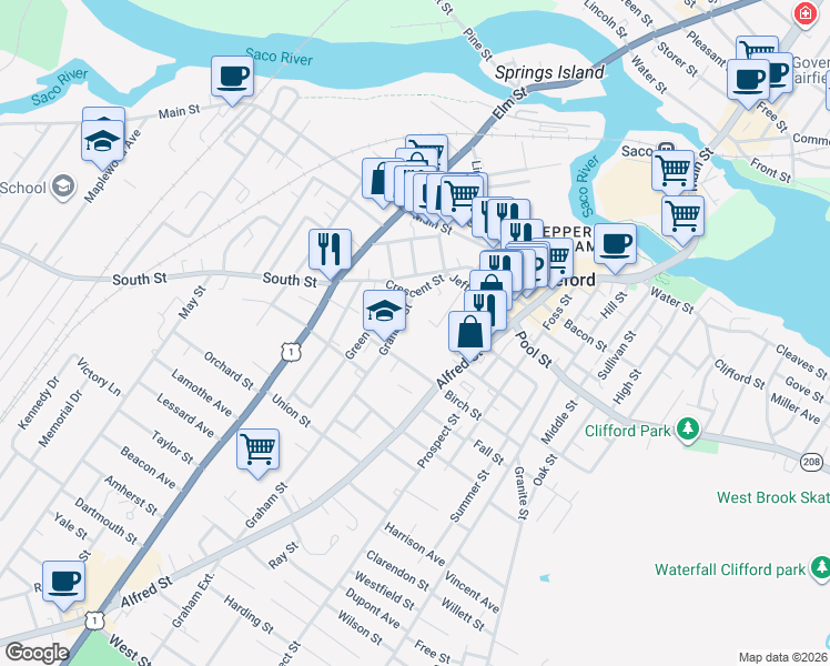 map of restaurants, bars, coffee shops, grocery stores, and more near 25 Graham Street in Biddeford