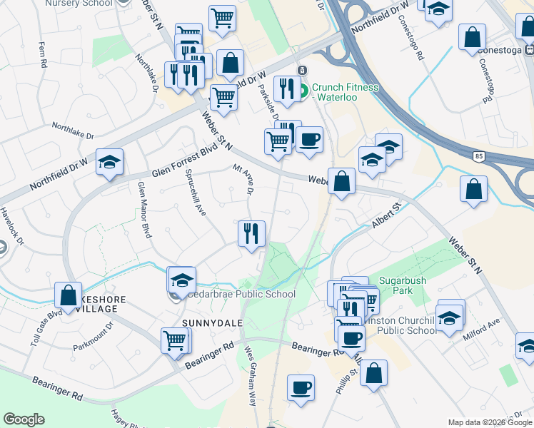 map of restaurants, bars, coffee shops, grocery stores, and more near 525 Parkside Drive in Waterloo