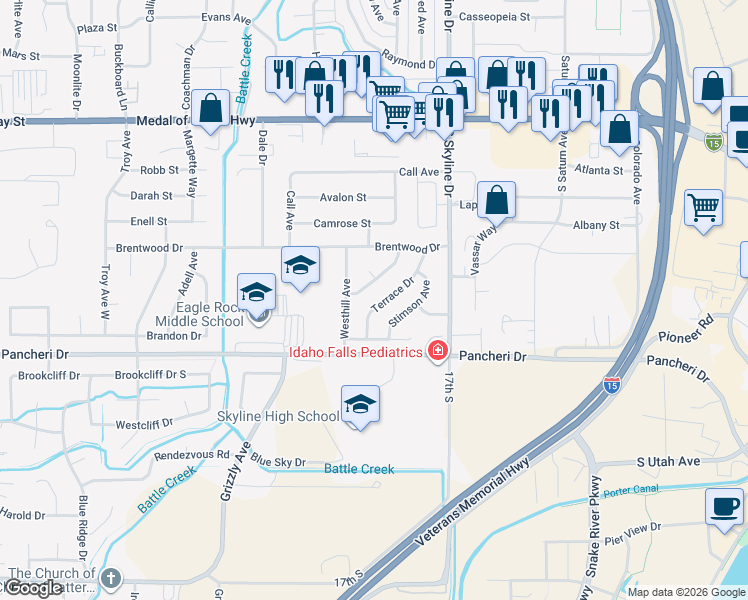 map of restaurants, bars, coffee shops, grocery stores, and more near 740 Terrace Dr in Idaho Falls