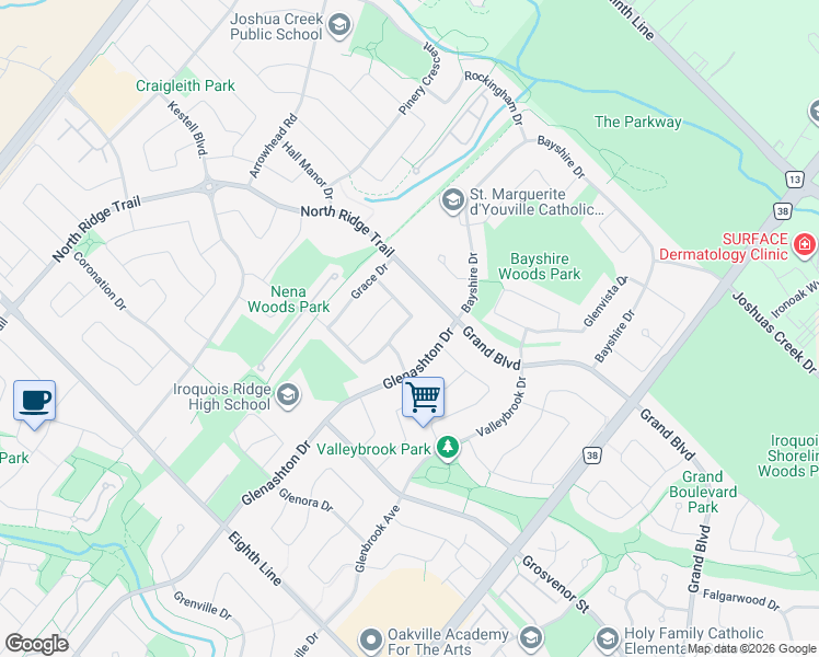 map of restaurants, bars, coffee shops, grocery stores, and more near 2201 Galloway Drive in Oakville