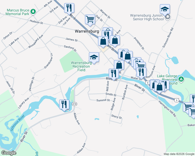 map of restaurants, bars, coffee shops, grocery stores, and more near 63 River Street in Warrensburg