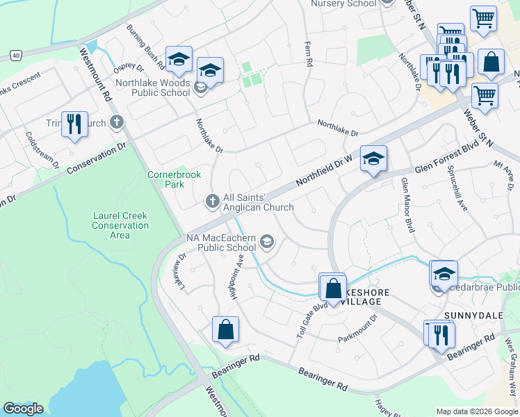 map of restaurants, bars, coffee shops, grocery stores, and more near 559 Havelock Drive in Waterloo