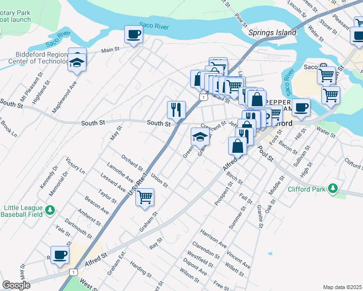map of restaurants, bars, coffee shops, grocery stores, and more near 60 Green Street in Biddeford
