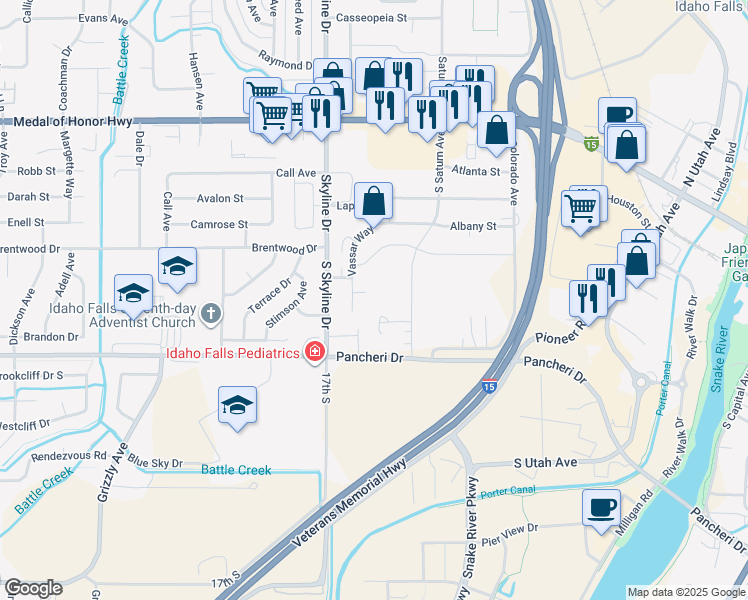 map of restaurants, bars, coffee shops, grocery stores, and more near 705 Vassar Way in Idaho Falls