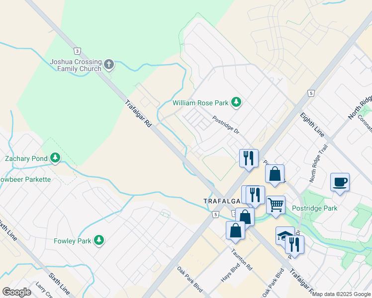 map of restaurants, bars, coffee shops, grocery stores, and more near 335 Wheat Boom Drive in Oakville