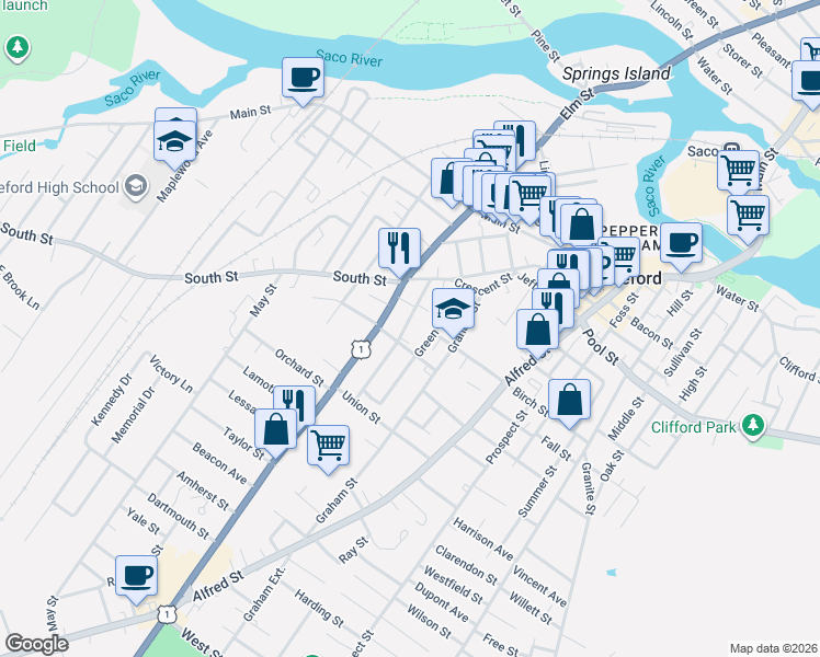 map of restaurants, bars, coffee shops, grocery stores, and more near 26 Mason Street in Biddeford