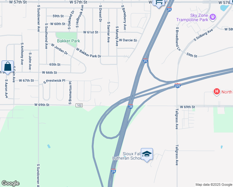 map of restaurants, bars, coffee shops, grocery stores, and more near 5916 South Mandy Avenue in Sioux Falls