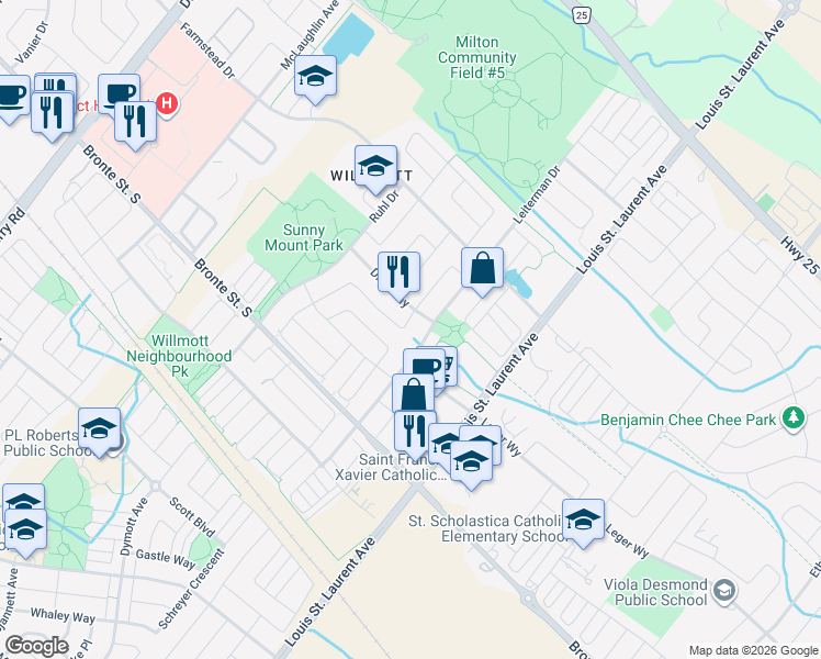map of restaurants, bars, coffee shops, grocery stores, and more near 370 Cochrane Terrace in Milton