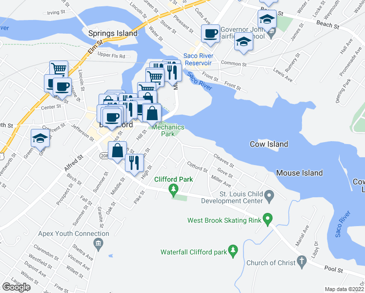 map of restaurants, bars, coffee shops, grocery stores, and more near 7 Clifford St in Biddeford