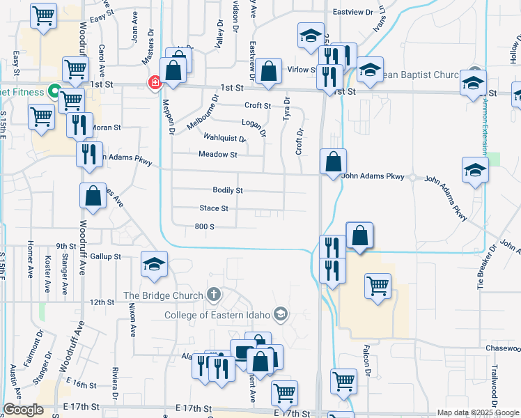 map of restaurants, bars, coffee shops, grocery stores, and more near 2282 Stace Street in Idaho Falls