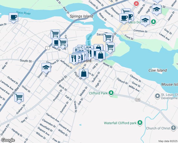 map of restaurants, bars, coffee shops, grocery stores, and more near 47 Bacon Street in Biddeford