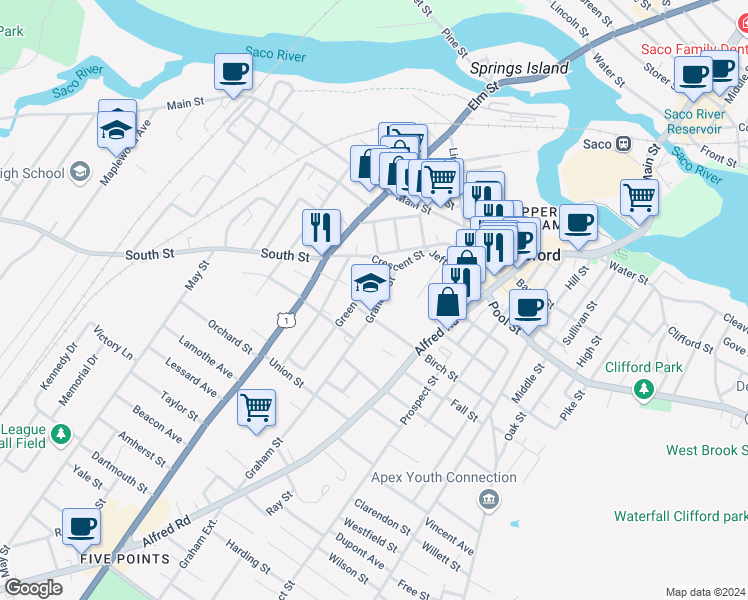 map of restaurants, bars, coffee shops, grocery stores, and more near 25 Graham Street in Biddeford