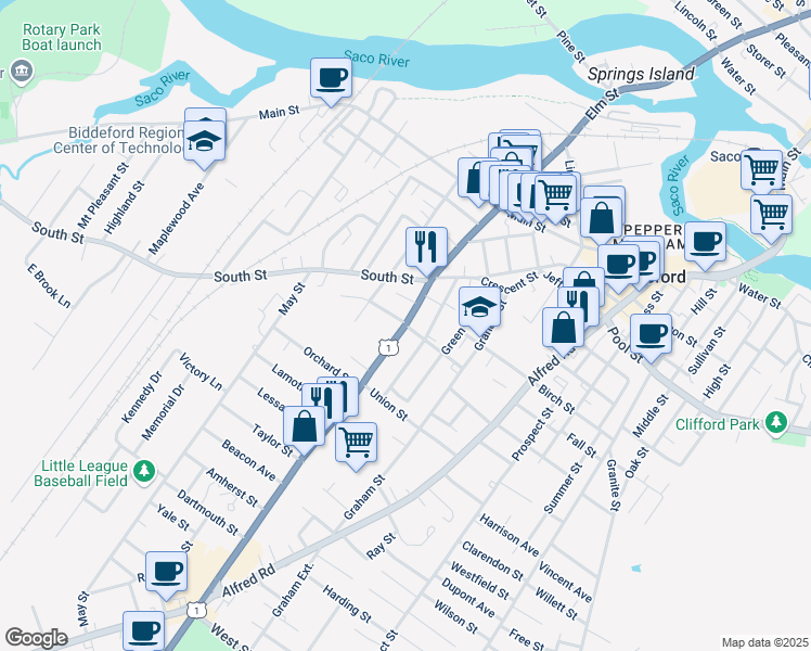 map of restaurants, bars, coffee shops, grocery stores, and more near 26 Mason Street in Biddeford