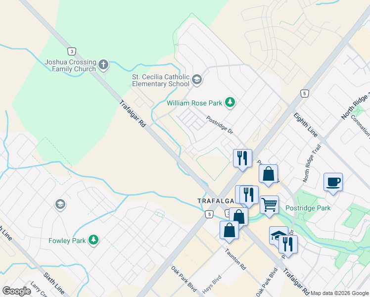 map of restaurants, bars, coffee shops, grocery stores, and more near in Oakville