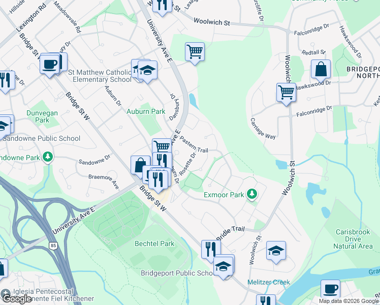 map of restaurants, bars, coffee shops, grocery stores, and more near 333 Rosette Drive in Waterloo