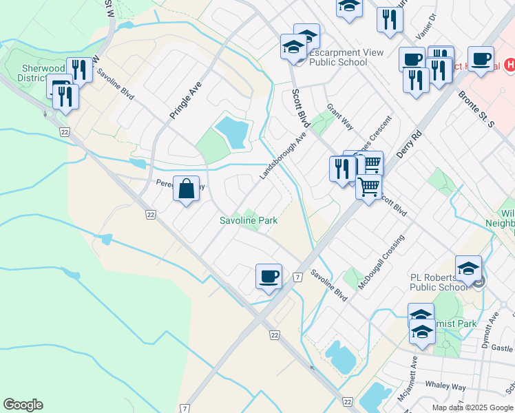 map of restaurants, bars, coffee shops, grocery stores, and more near Messure Crescent in Milton